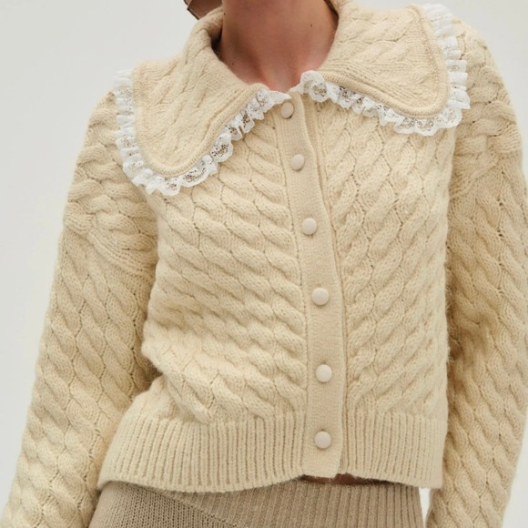 For Love & Lemons Sweaters - NWT For Love & Lemons Milana Cardigan Sweater Size XL Cable Knit Lace Boho‎